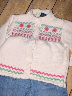 Vintage OshKosh B'gosh Cream Knit Cardigan with Pink & Green Accents